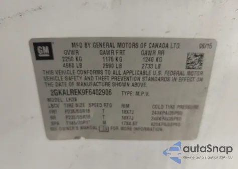 2015 GMC Terrain Sle-2 z USA, uszkodzony, nr VIN 2GKALREK9F6402906